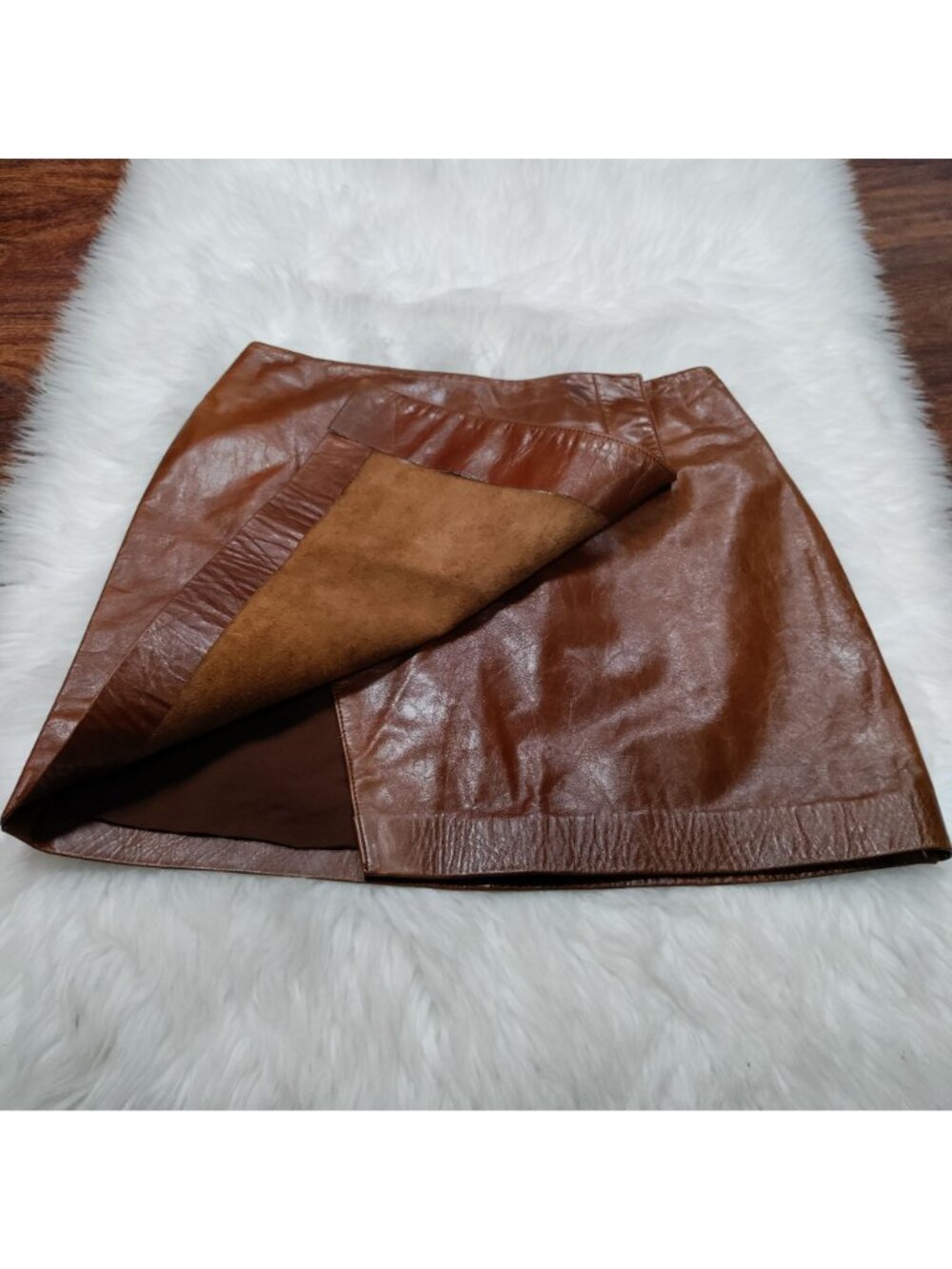 Hugo Buscati 100% Leather Antique 70s Style Brown A-Line Wrap Mini Skirt Size 6 - Picture 16 of 16
